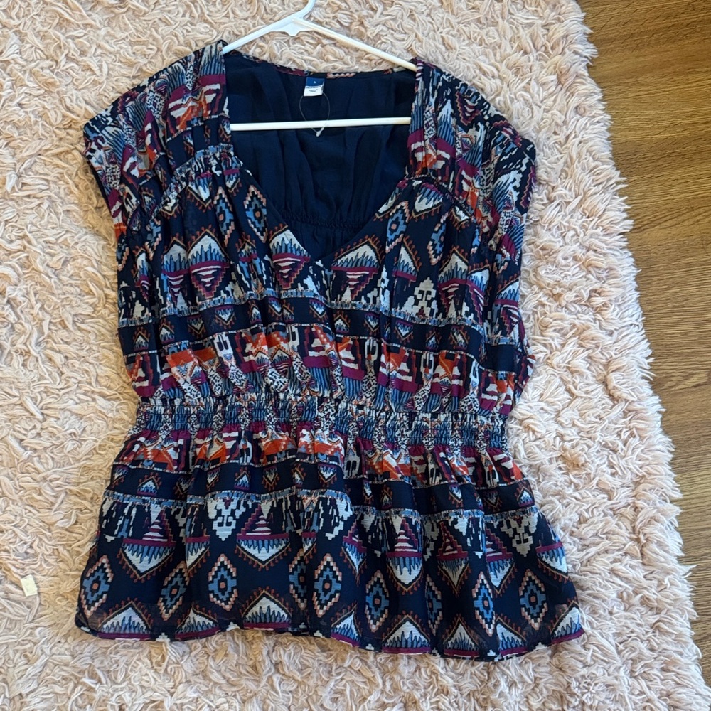 Old Navy Boho Print Smocked Waist Women’s Top - Navy Multi Size  Large  NWT